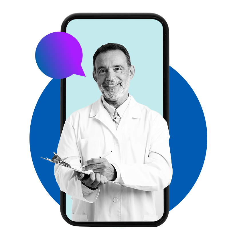 Smiling clinician in a white coat holding a clipboard and pen, with a mobile phone cutout and empty speech bubble behind them