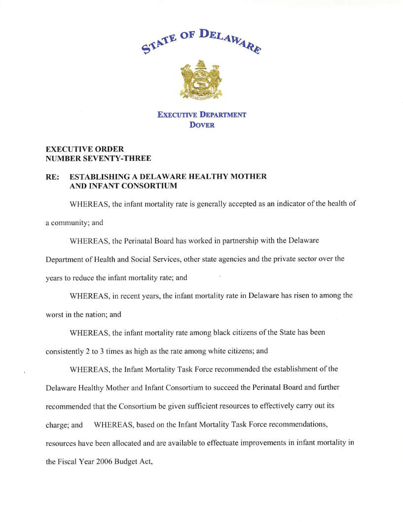 Executive Order Number Seventy-Three establishing the Delaware Healthy Mother and Infant Consortium