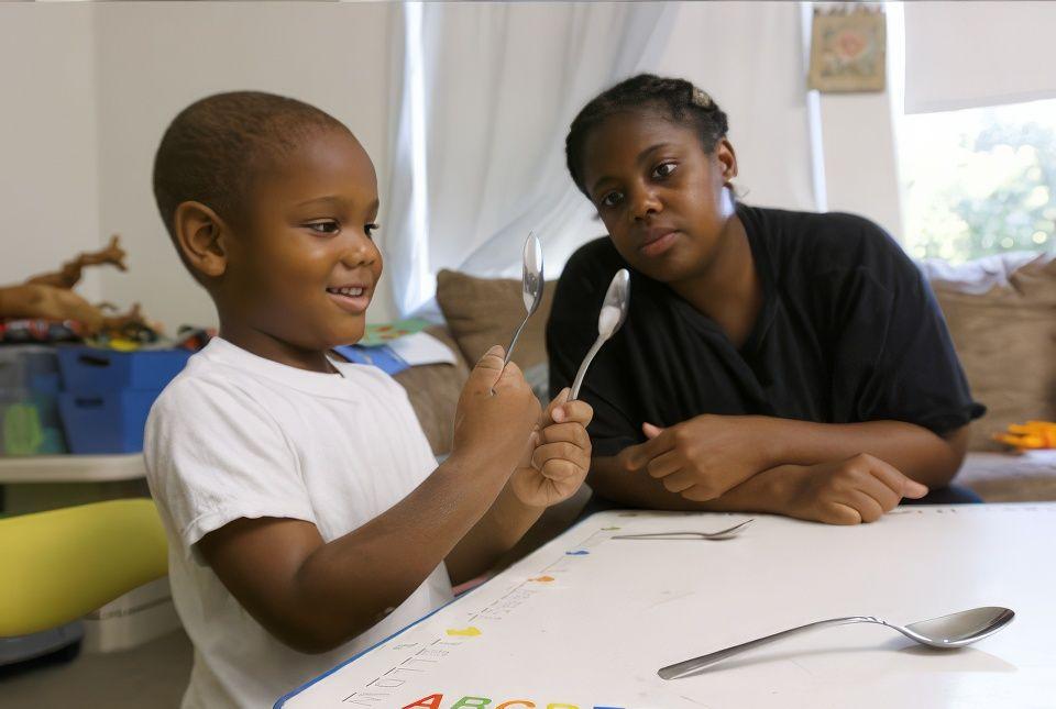 Child and his mom age 4-8 playing kitchen inside.