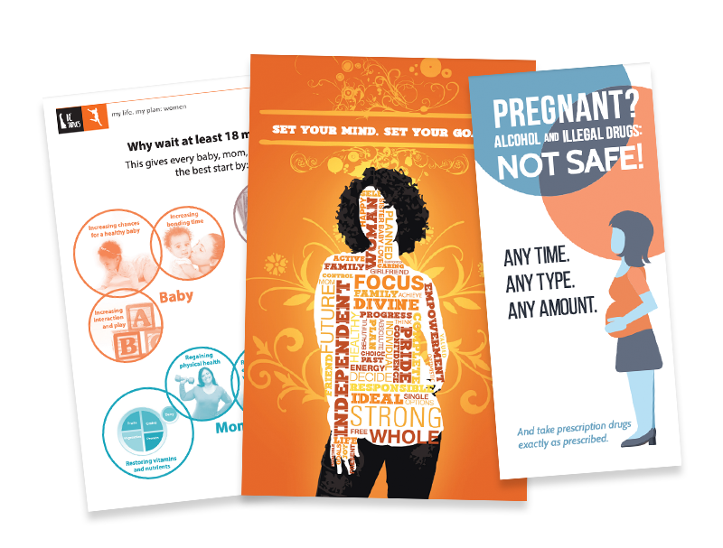 Examples of Delaware Women's Health Life Plan resources: posters, brochures, facts sheets