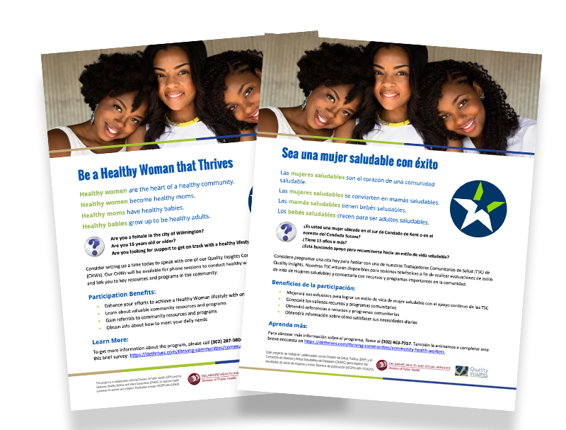 Examples of Delaware Thrives free resources for community health workers: posters, brochures, facts sheets