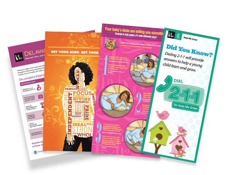 Examples of Delaware Thrives resources: posters, brochures, facts sheets