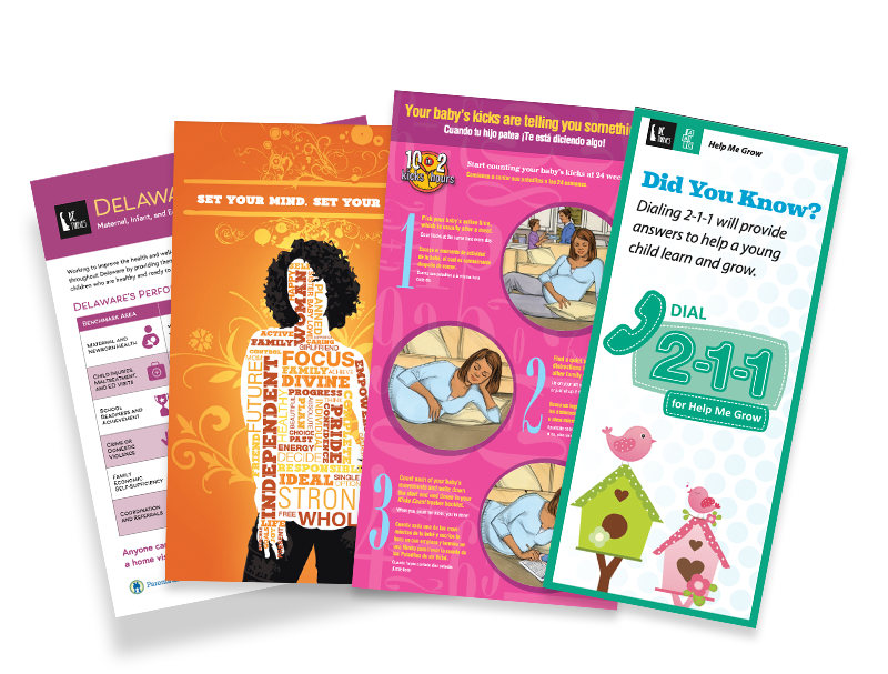 Examples of Delaware Thrives resources: posters, brochures, facts sheets