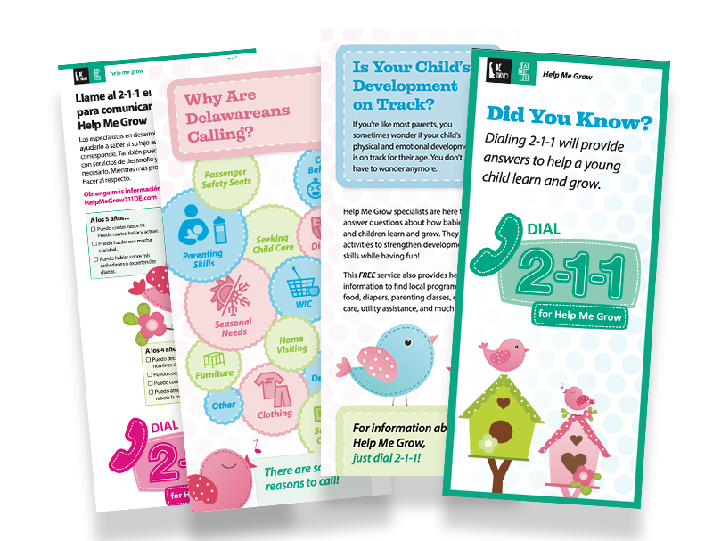 Examples of Delaware Thrives free resources for Help Me Grow: posters, brochures, facts sheets