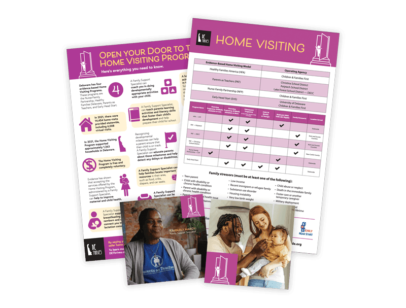 Examples of Delaware Thrives Home Visiting resources: posters, brochures, facts sheets