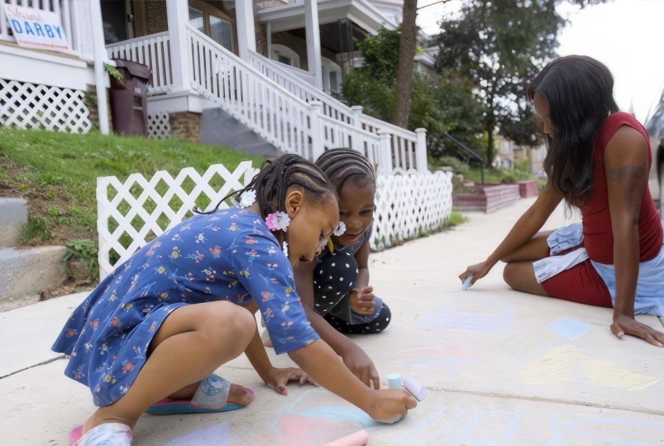 Children age 4-8 and her mom playing outside with chalk.