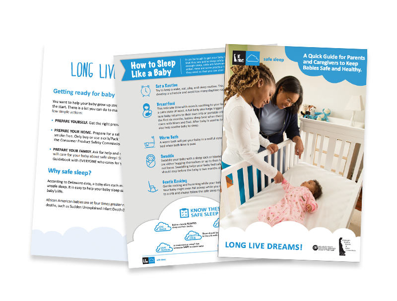 Examples of Delaware Thrives Safe Sleep for Babies plan resources: posters, brochures, facts sheets