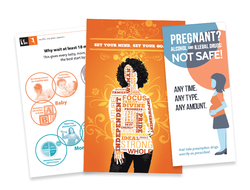 Examples of Delaware Women's Health Life Plan resources: posters, brochures, facts sheets